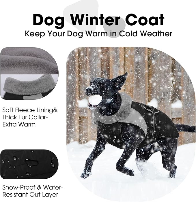 Nanaki Large Dog Coat For Winter Waterproof, Warm Fleece Lining Reflective Large Dog Jacket With Leash Hole, Furry Collar Cold Weather Puppy Vest Outdoor Walking Hunting Easy On Pet Snowsuit Black 2XL