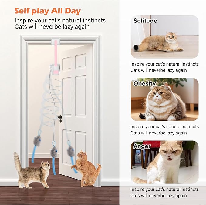 Rechargeable Electric Cat Teaser with Remote – Interactive Door Clip Toy for Cats, 2 Motion Modes (360° Spin & Irregular Jumping), Smart Auto Cat Toy for Exercise & Fun (Pink)