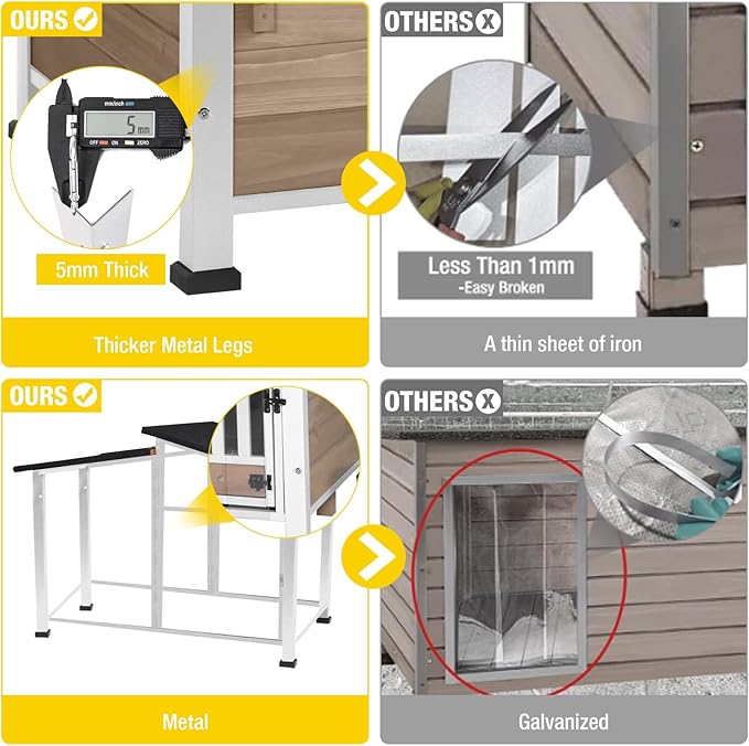 Chew-Resistant Dog House with Metal Frame, Wooden Kennel for Indoor & Outdoor Use, Waterproof Roof & Feeding Bowls Included (Brown, L-in)