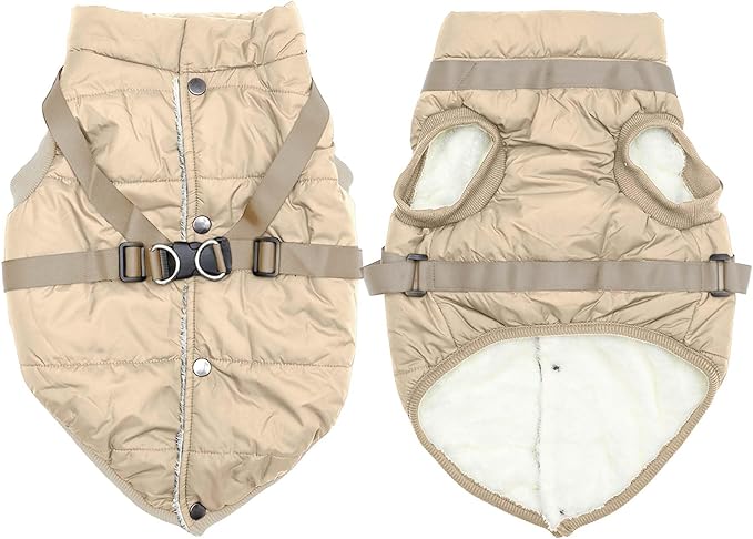Dog Jacket with Harness,Fleece Lined Warm Puppy Coat for Winter,Soft Windproof Small Dog Vest,Khaki S