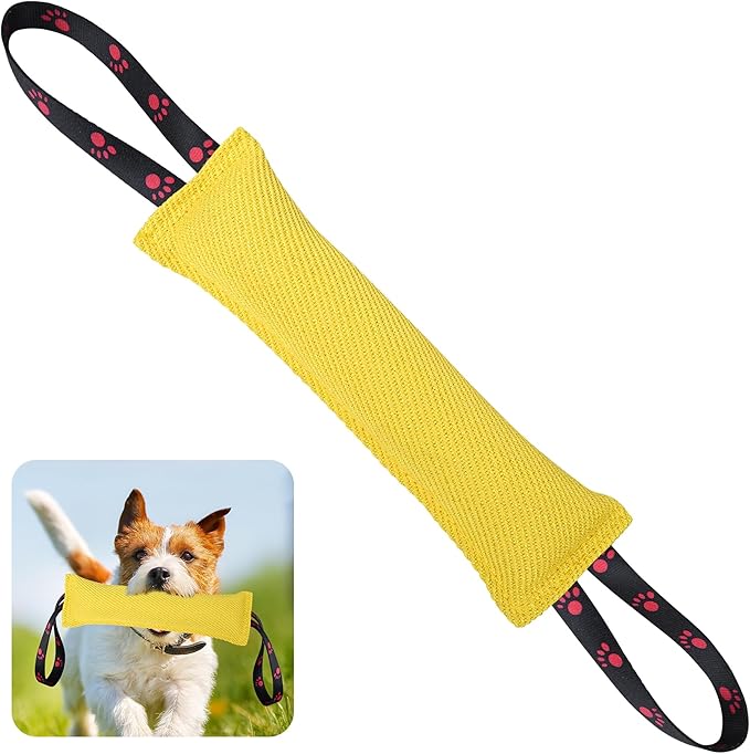 ToLanbbt Dog Tug Toy Bite Jute Pillow Pull Toy with 2 Strong Handles Perfect for Tug of War, Puppy Interactive Play, Tear Resistant Bite Training for Small Medium Large Dogs (Bright Yellow-Footprint)