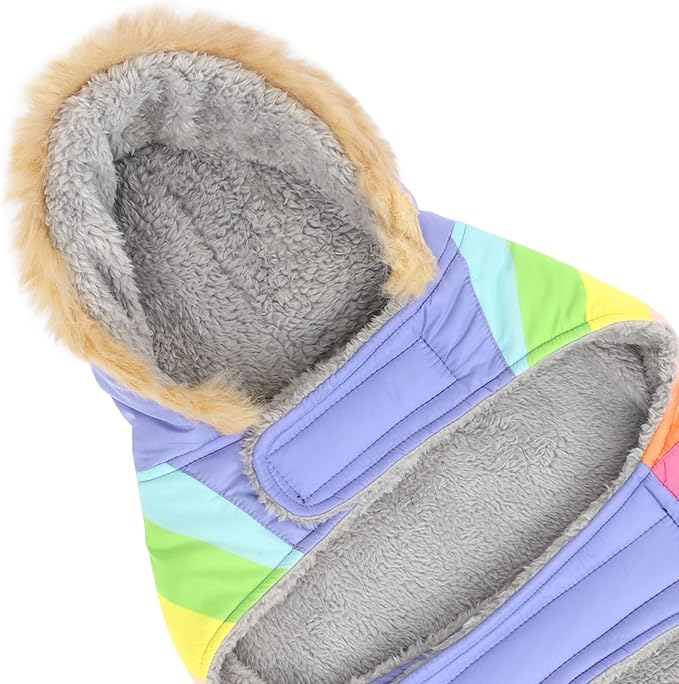 HDE Dog Puffer Jacket Fleece Lined Warm Dog Parka Winter Coat with Harness Hole Pastel Rainbow - M