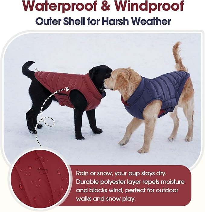 QBLEEV Reversible Dog Coat for Medium Dogs, Waterproof Windproof Winter Jacket Keeps Dogs Warm in Snow, Adjustable Hook & Loop Lightweight Dog Puffer Vest, Wine Red, L – Fits French Bulldog