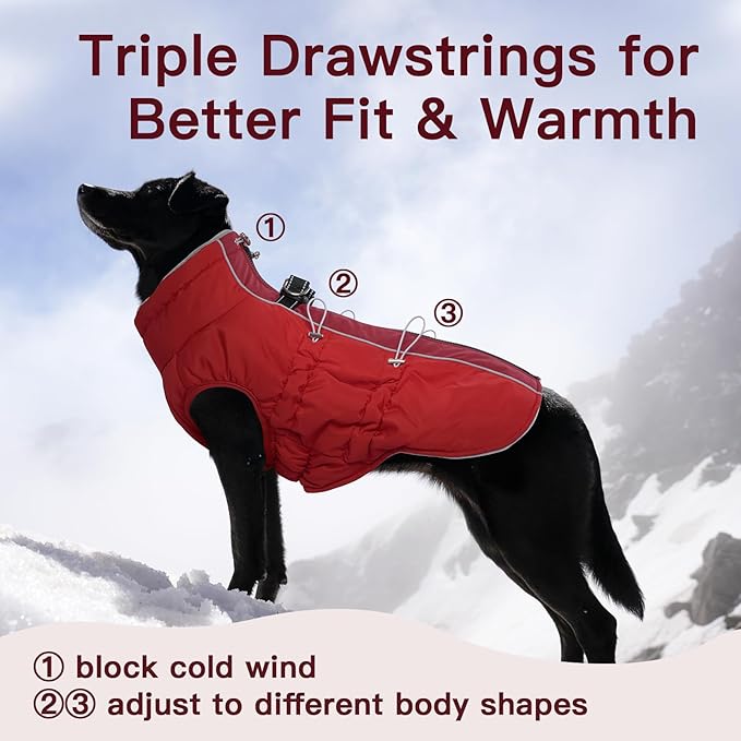 Dog Coat - Warm Winter Jacket Snowsuit for Large Dogs, Water-Resistant, Reflective, Red