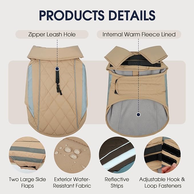 IECOii Dog Fleece Jacket - Reflective & Waterproof Jackets for Dogs, Adjustable Winter Coat for Snow Rain Warmth, German & Shepherd, Khaki, Sizes 2XL