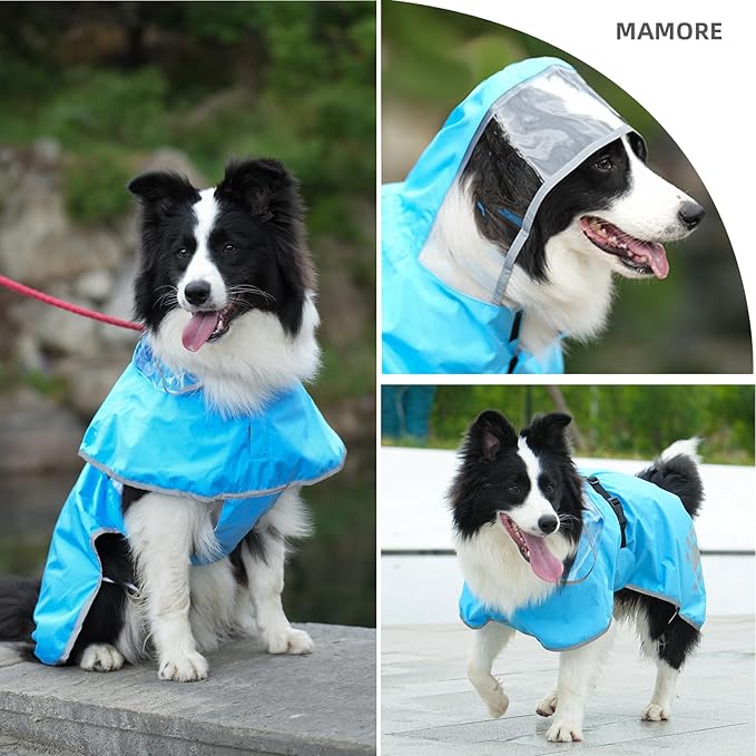 MAMORE Dog Raincoat Hooded Rain Jacket for Small Medium Large Dogs Slicker Poncho Bottom Waterproof Adjustable Reflective Breathable Leash Hole (Blue, Medium)