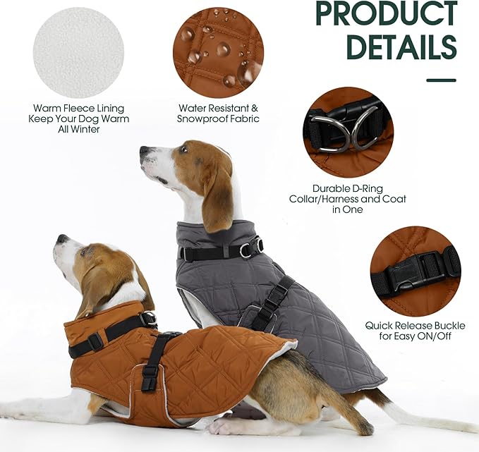 Kuoser Dog Coat Warm Fleece Lining Turtleneck Dog Jacket with Harness Built-in, Adjustable Windproof Cold Weather Coats with Quick Release Buckle Pet Winter Snowsuit for Extra Small Dogs, Khaki XS