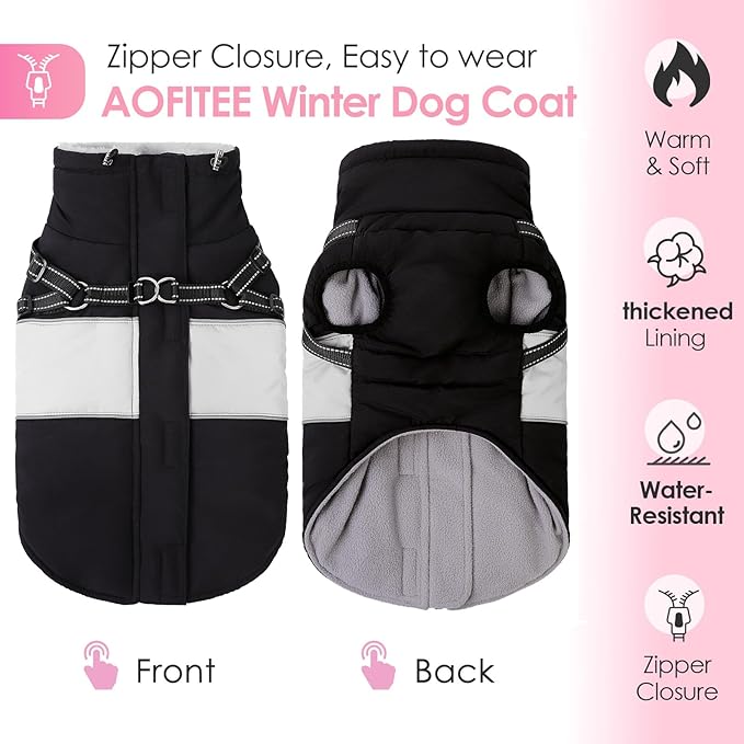 AOFITEE Dog Coat, Large Dog Jacket, Dogs Coat with Harness Built in, Reflective Waterproof Dogs Jackets Winter with Furry Collar, Warm Polar Fleece Pet Sweater Snowsuit for Doberman, Great Dane, XXL
