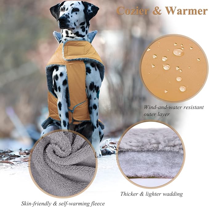 VIVAGLORY Frostfit Dog Coat, Dog Jacket for Winter & Cold Weather, Warm Fluffy Fleece Lined Water Resistant Reflective for Puppy, Coat with Velcro Fastening & Leash Hole, S, Khaki