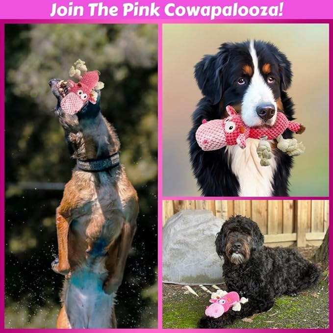 Large Dog Toy - Pink Cow Squeaky Dog Toys for Large Dogs, Medium and Small Dogs. Interactive with Pineapple Plush Fabric, Rope Legs, Hidden Seams, Reinforced Stress Points