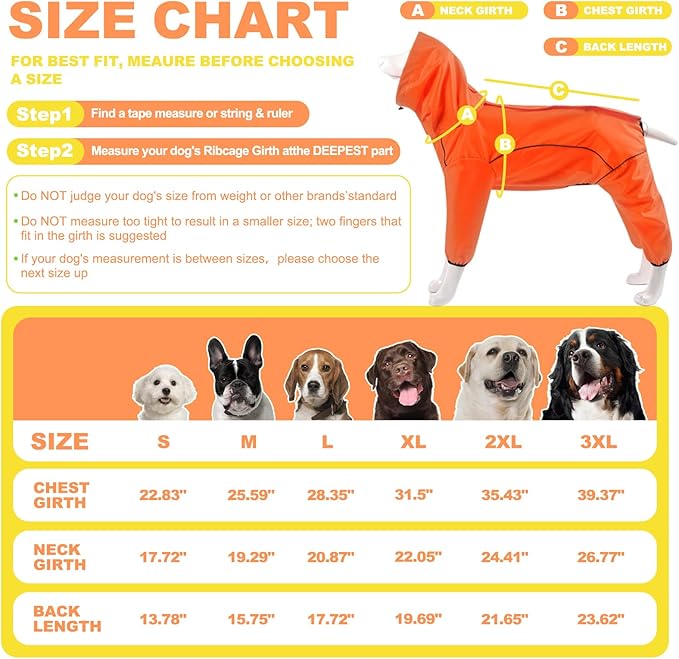 Dog Raincoat, Waterproof Dog Rain Jacket with Removable Hood，Adjustable 4 Legs Pet Poncho with Leash Hole，Reflective Stripe Hooded Snowproof Windproof Clothes for Small to 3X-Large Dogs, M