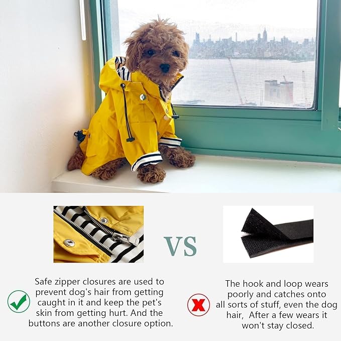Morezi Dog Zip Up Raincoat with Reflective Buttons, Rain/Water Resistant, Adjustable Drawstring, Removable Hood, Raincoats with Legs 8lbs to 80lbs Available - Black - L