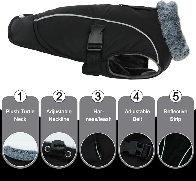 DENTRUN Large Dog Coat - Thick Fleece Lined Reflective Winter Jacket, Snap Closure & Leash Hole, Warm Thick Fleece Lined, Plush Turtleneck Vest for German Shepherd, Black, XXL