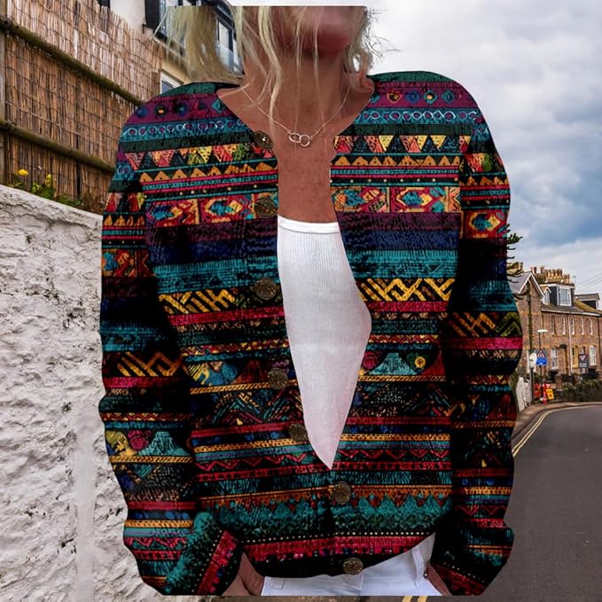 HOTYD Aztec Print Cardigans Sweaters for Women Crewneck Graphic Button Cardigan Casual Chunky Knit Sweater Fall Outfits