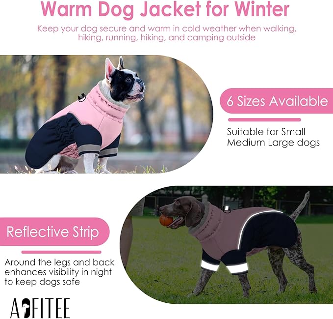 AOFITEE Dog Warm Fleece Turtleneck Coat, Windproof Waterproof Winter Jacket with Harness, Pink Navy Blue, Large