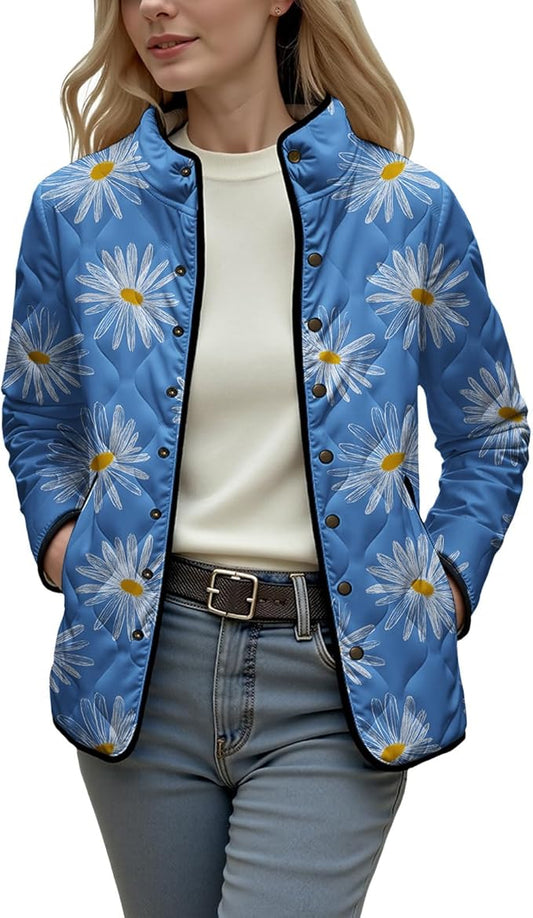 LIZALIG Women's Cropped Puffer Jacket Lightweight Floral Print Long Sleeve Padded Quilted Puffy Cardigan Coat