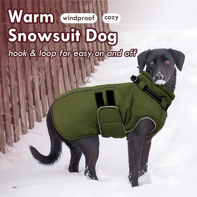 Dog Jackets for Large Dogs, Waterproof Winter Coat with Harness Built-in, Reflective Adjustable Hook&Loop Snow Jacket, Warm Fleece Snowsuit for Dogs Pit Bull Weimaraner Boxer, XXL Green