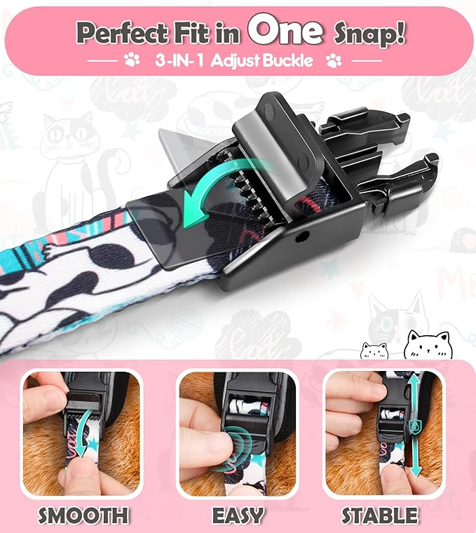 Halypet Cat Harness and Leash Set[MAX Safety 4th-Gen] Cute Escape Proof Vest Harness for Girl&Boy Cat Walking, Comfortable Adjustable Leash and Reflective Strips for Outdoor Kitten, M Inky Meowy