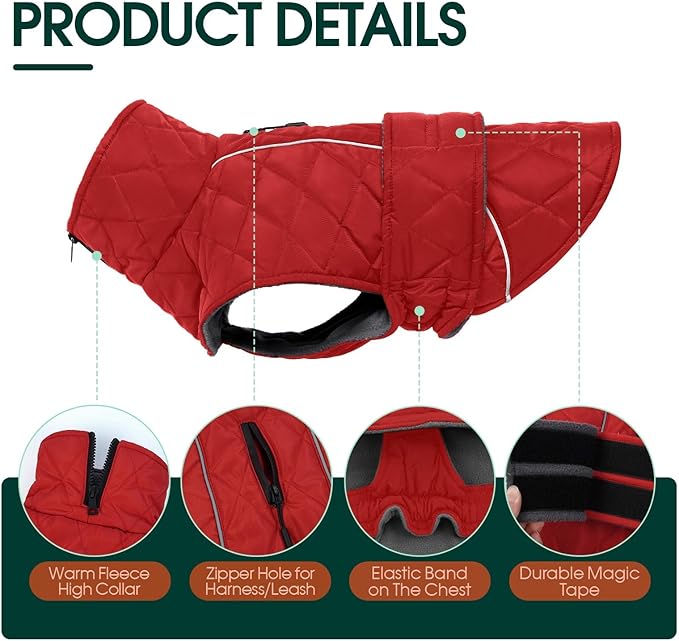 Kuoser Extra Warm Dog Jacket, Windproof Dog Coat Cold Weather Clothes with Fleece Lining for Large Dogs, Turtleneck Pet Snowsuit Reflective Adjustable Winter Clothes, Red XL