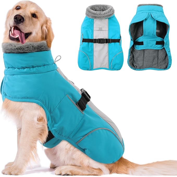 Queenmore Dog Jackets for Largeb Breeds, Large Dog Coats Winter Waterproof, Thick Fleece Lining Pet Coats for X-Large Dogs Winter, Blue, XL