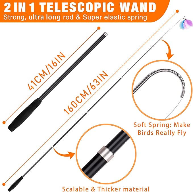 JXFUKAL 2025 Latest Cat Toys, 2 in 1 Spring Cat Wand Toy with 2PCS Ultra-Long Cat Teaser, 4PCS Spring Steel Wire & 5PCS Feather Refills for Kitty Kitten Indoor Cats Accessories