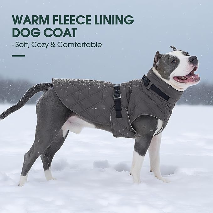 Kuoser Dog Coat Warm Fleece Lining Turtleneck Dog Jacket with Harness Built-in, Adjustable Windproof Cold Weather Coats with Quick Release Buckle Pet Winter Snowsuit for Small Medium Dogs, Grey M