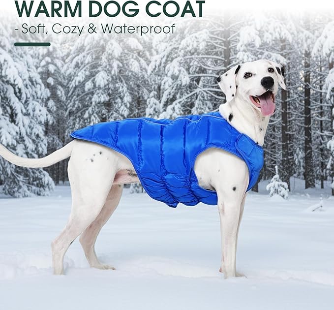 Kuoser Dog Puffer Jacket Warm Dog Coat for Large Dogs, Windproof Reflective Pet Padded Vest Cold Weather Clothes Puppy Snowsuit with Hook & Loop Coats, Easy On/Off, Blue XL