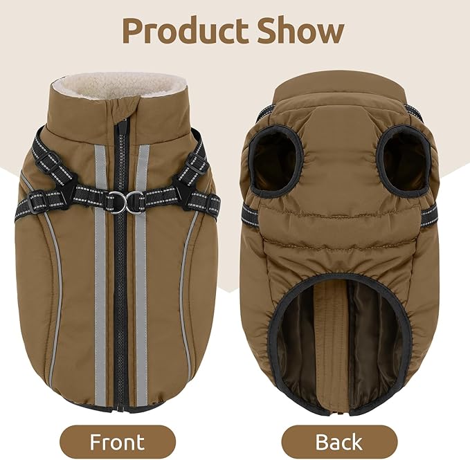 Dog Winter Coat with Harness Built in Warm Puffer Dog Jackets for Small Medium Large Dogs Windproof Waterproof Outfit with Plush Lining and Reflective Stripes (Brown, XS)