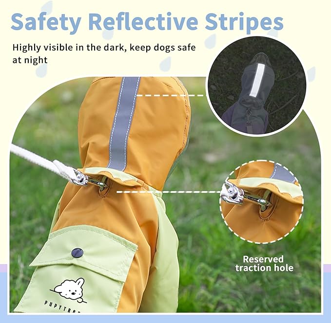 Dog Raincoat with Transparent Hood, Waterproof Jacket for Small Dogs with Snap-Button Chest, Leash Hole & Hook-and-Loop Cuffs Sleeves, Back Pocket for Treats (Yellow, Large)