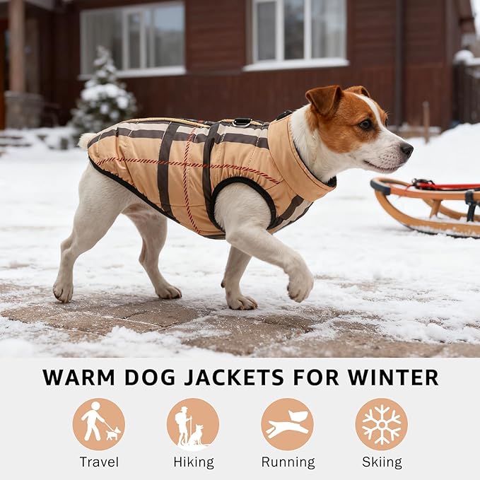 SCENEREAL Winter Dog Vest Coat with Harness Built in, Warm Puppy Jacket for Small Medium Dogs, Cold Weather Coat with Zipper, Fleece Puffer Vest Windproof Snow Clothes, Beige Plaid L
