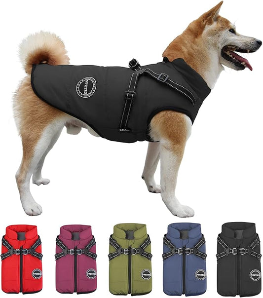 Dog Winter Coat,Warm Jacket Paded Fleece Dog Vest with Built in Harness, Windproof Reflective Cozy Adjustable Snow Pet Coat Clothes with Zipper for Small Medium Large Dogs