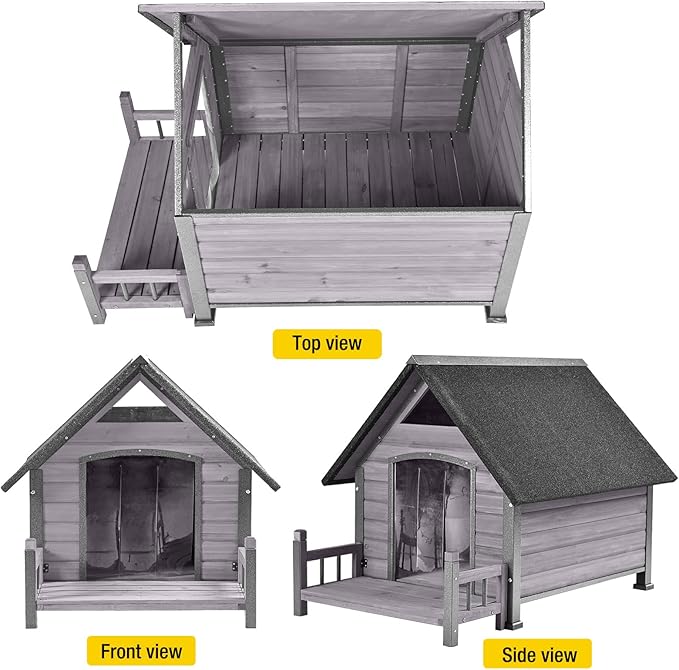Dog House with Heating Pad, Weatherproof Outdoor Kennel for Large Dogs, Chew-Resistant Iron Frame & Asphalt Roof (Grey, L)