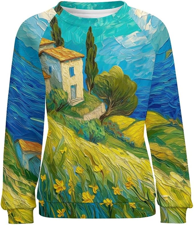 Long Sleeve Shirts for Women Cat Oil Painting Shirt 3D Graphic Sweatshirts Fall Pullover Crewneck Vintage Boho Tops