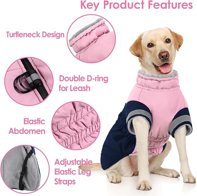 AOFITEE Dog Coat- Two Legged Large Dog Winter Jacket - Zipper Dogs Cold Weather Coat with Harness, Warm Pet Puffer Jackets Reflective Pet Snow Coats for French Bulldog, Boston Terrier, PinkNavy L