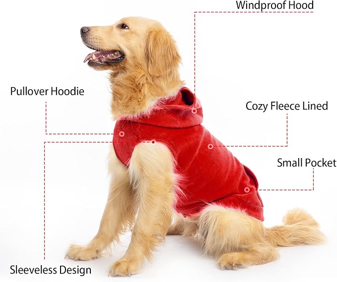 EXPAWLORER Dog Hoodie Fleece Sweater Vest, Hooded Dog Sweatshirt Fall Winter Pet Clothes with Leash Hole, Sleeveless Warm Cozy Puppy Clothing for Cat Small Medium Large Dogs Girl Boy, Red L