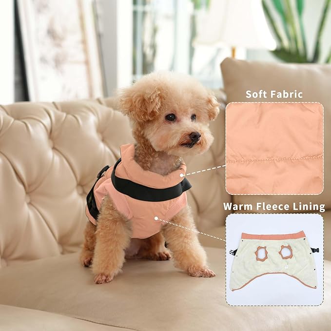 Dog Jacket with Harness,Fleece Lined Warm Puppy Coat for Winter,Soft Windproof Small Dog Vest,LightOrange S