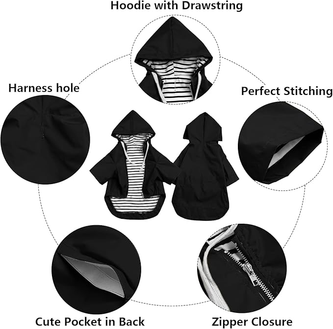 Dog Raincoat rain Jacket Raincoat Dogs Waterproof Small Medium Breeds Zip Closure Storage Pocket Harness Hole Black S