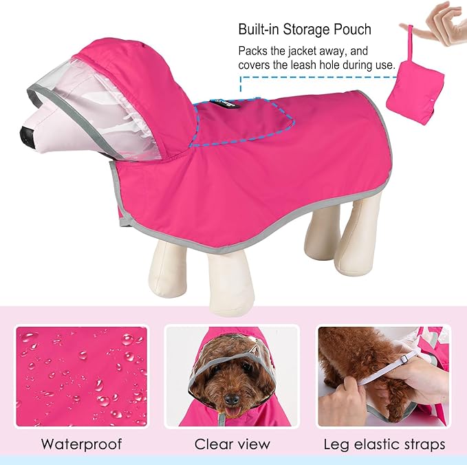 Lukovee Dog Raincoat, Adjustable Dog Rain Jacket with Clear Hooded Double Layer for Large Medium Small Dogs Puppies, Waterproof Rain Coat Poncho with Reflective Storage Pocket & Rim (Fuchsia,XXXL)