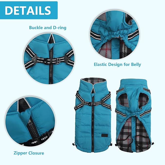 Winter Warm Coat Geyecete Waterproof Dog Winter Jacket with Harness Traction Belt,Pet Outdoor Jacket Dog Autumn and Winter Clothes for Medium, Small Dog-Blue-M