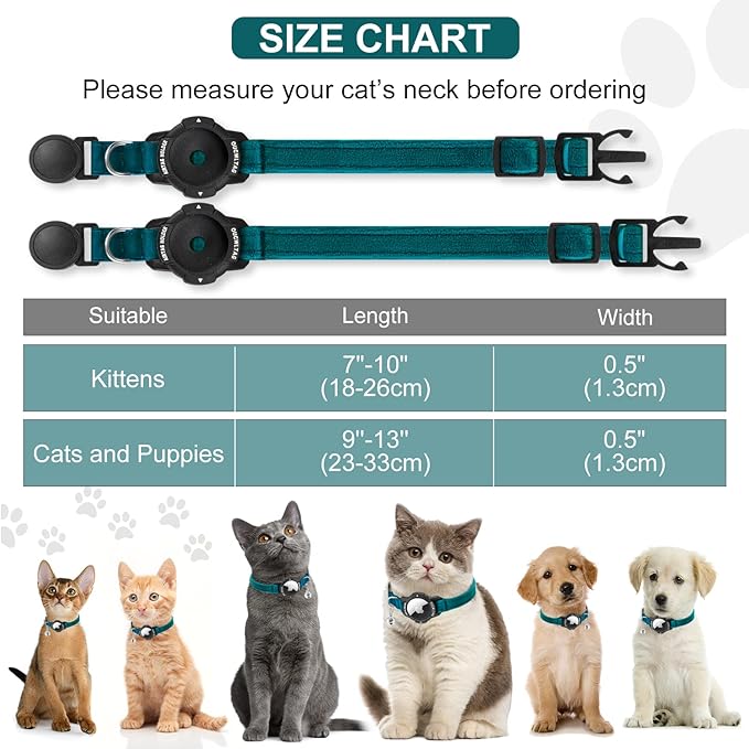 Luminous AirTag Cat Collar Breakaway, OUCWLTAG GPS Cat Collar with Apple Air Tag Holder, Cat Tracker Collars with Safety Elastic Band for Girl Boy Cats, Kittens and Puppies (Blue, 7-10 Inch)