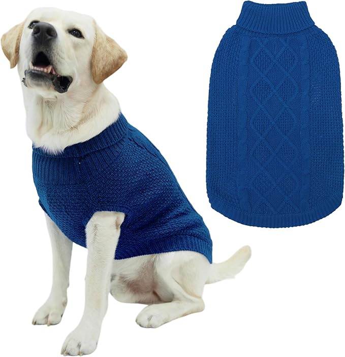Mihachi Turtleneck Dog Sweater - Winter Coat Apparel Classic Cable Knit Clothes with Leash Hole for Cold Weather, Ideal Gift for Pet in New Year Royal Blue M-Largel