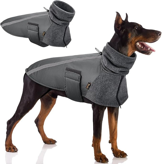 SlowTon Winter Dog Coat, Warm Polar Fleece Lining Doggie Outdoor Jacket with Turtleneck Scarf Reflective Stripe Adjustable Waterproof Windproof Puppy Vest Soft Pet Outfits (L,Grey)