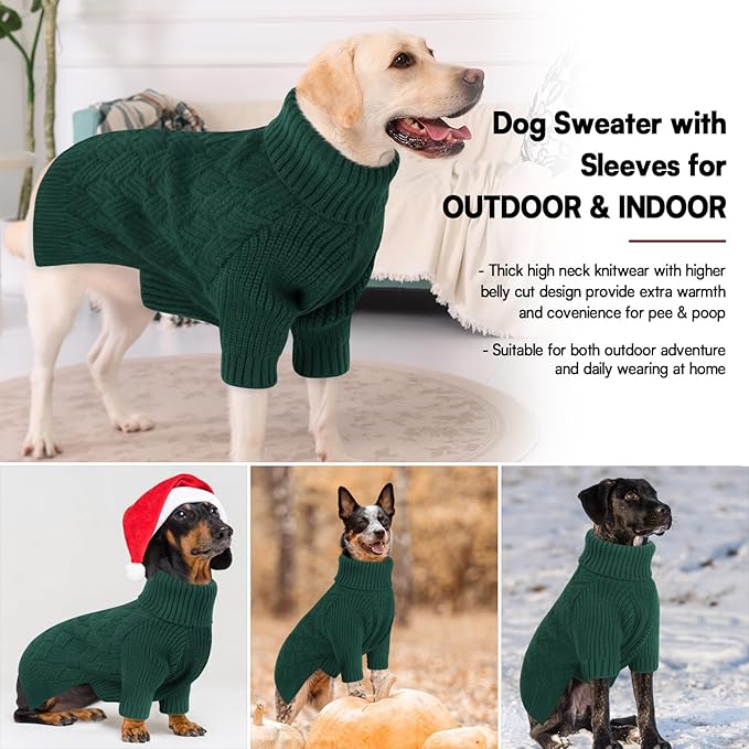 KOESON Large Dog Sweater, Warm Christmas Dog Sweaters for Large Dogs, Cable Knit Sweater for French Bulldog, Pug, Corgi, Boston Terrier, Easy On Xmas Sweaters for Dogs, Green, L