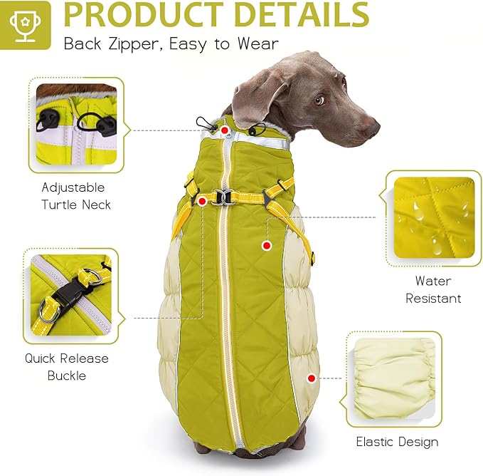 Dog Winter Coat with Harness, Dog Jacket, Pet Clothes with Zipper on Back, Waterproof Windproof Warm Vest, Reflective Cold Weather Coats, for Small Medium Large Dogs, Thick, Green, 2XL