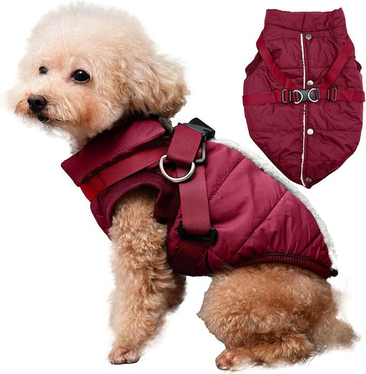 Dog Jacket with Harness,Fleece Lined Warm Puppy Coat for Winter,Soft Windproof Small Dog Vest,Red M