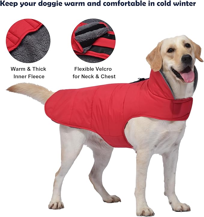 Dog Winter Coat, Waterproof Dog Jacket with Leash Hole, Reflective Adjustable Pet Snow Vest, Warm Fleece Sweater for Small Medium Large Dogs - Red, XL