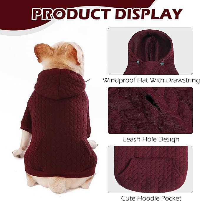 EXPAWLORER Textured Cable Knit Basic Dog Hoodie, Elevated Style Dog Sweater with Leash Hole and Pocket, Soft and Warm Pet Winter Coat, Cold Weather Clothes for Small Medium Large Dogs,Wine Red L