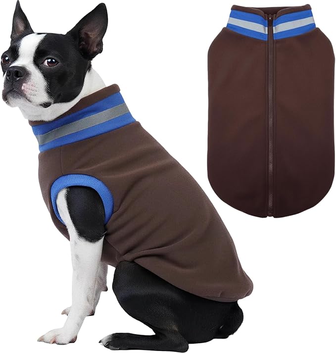 Winter Warm Dog Fleece Vest Sweater, Soft & Snug-Fit Doggie Sweaters for Small Dogs with Back-Zipper, Turtleneck Puppy Vests Sweatshirt, Lightweight Coat Pet Clothes with Reflective Strip(Brown, XS)