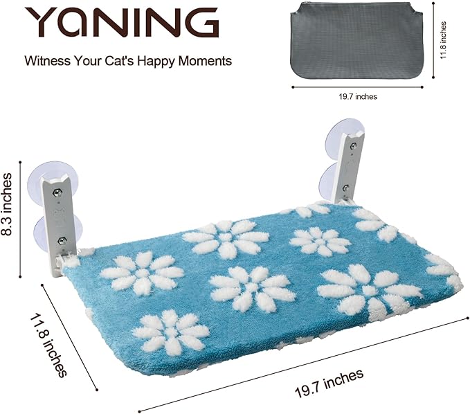 Cat Window Perch, Foldable Cat Window Hammock with Cute 3D Textured Flower Cover, Breathable Mesh Cover and Strong Suction Cups, Cordless Window Seat Bed for Indoor Cats (Blue, Medium)