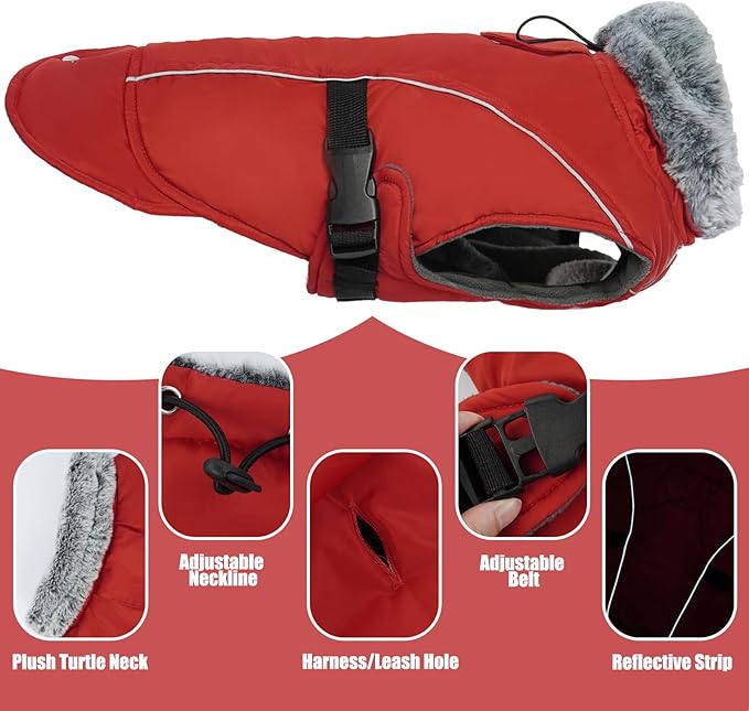 DENTRUN Large Dog Winter Coat - Windproof Reflective Warm Coat, Adjustable Neck & Snap Closure, Water Repellent Thick Fleece Vest, Fleece Lined for for Golden Retriever, Red, XL